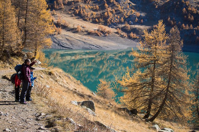 Une accompagnatrice en montagne marquée Esprit parc national guidant des enfants au bord du lac d'Allos