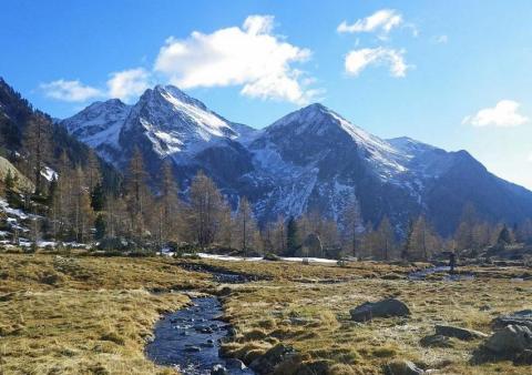 L'histoire du mercantour de la réserve royale de chasse au parc national_Belvédère - A gauche, la cime de l'Agnellière, (2700 m), et à droite la cime des Juisses, (2580 m), vus depuis les Sagnes près du refuge de la Cougourde au mois de novembre. Vallon du haut Boréon.